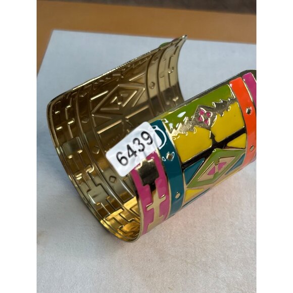 Colorful Geometric Wide Cuff Bracelet With Gold-Tone Interior & Enamel Overlay - - Picture 2 of 8